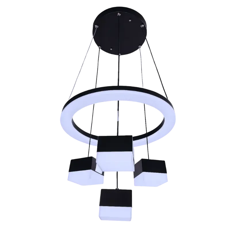 Modern Black Ring and 4-Cube Chandelier