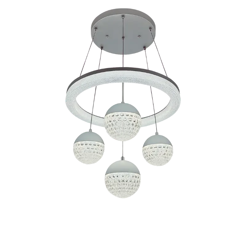 Modern chrome LED ring chandelier 4-sphere bubble glass