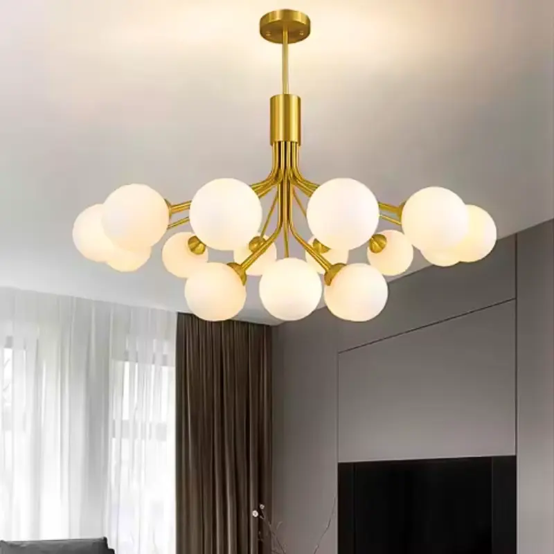 Gold chandelier with white globe lights, listed as Nordic LED Ceiling Light