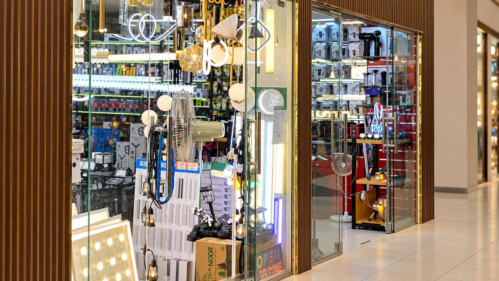 Lighting display seen from the mall aisle outside the showroom