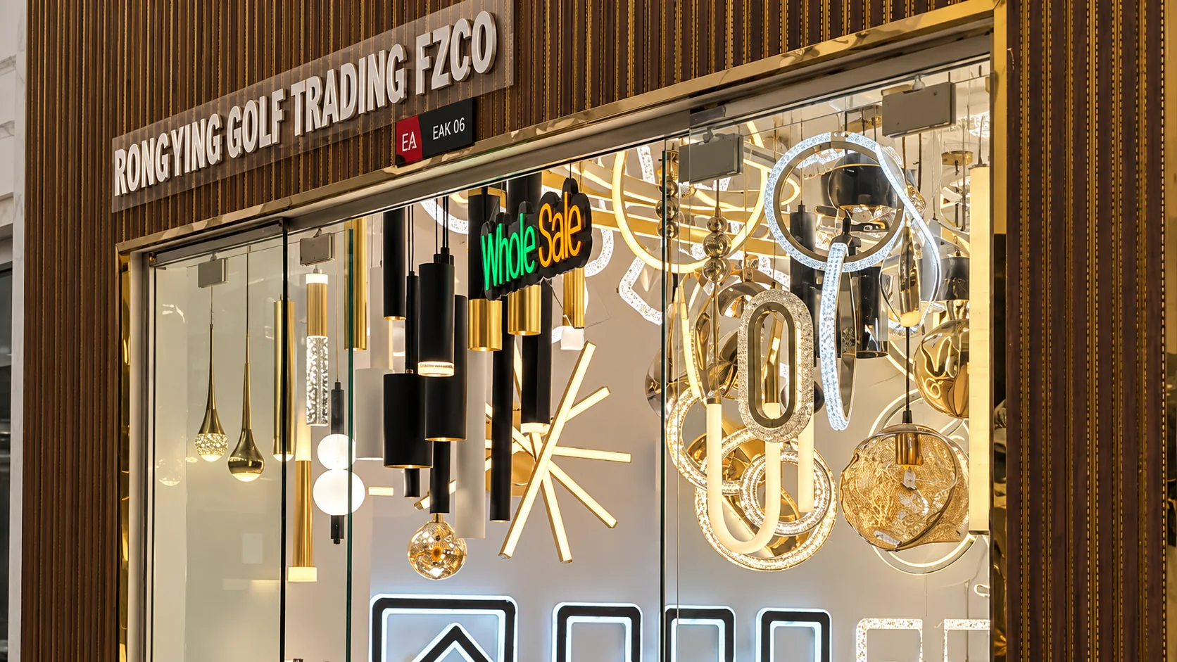 Pendant and decorative lights displayed behind the showroom glass